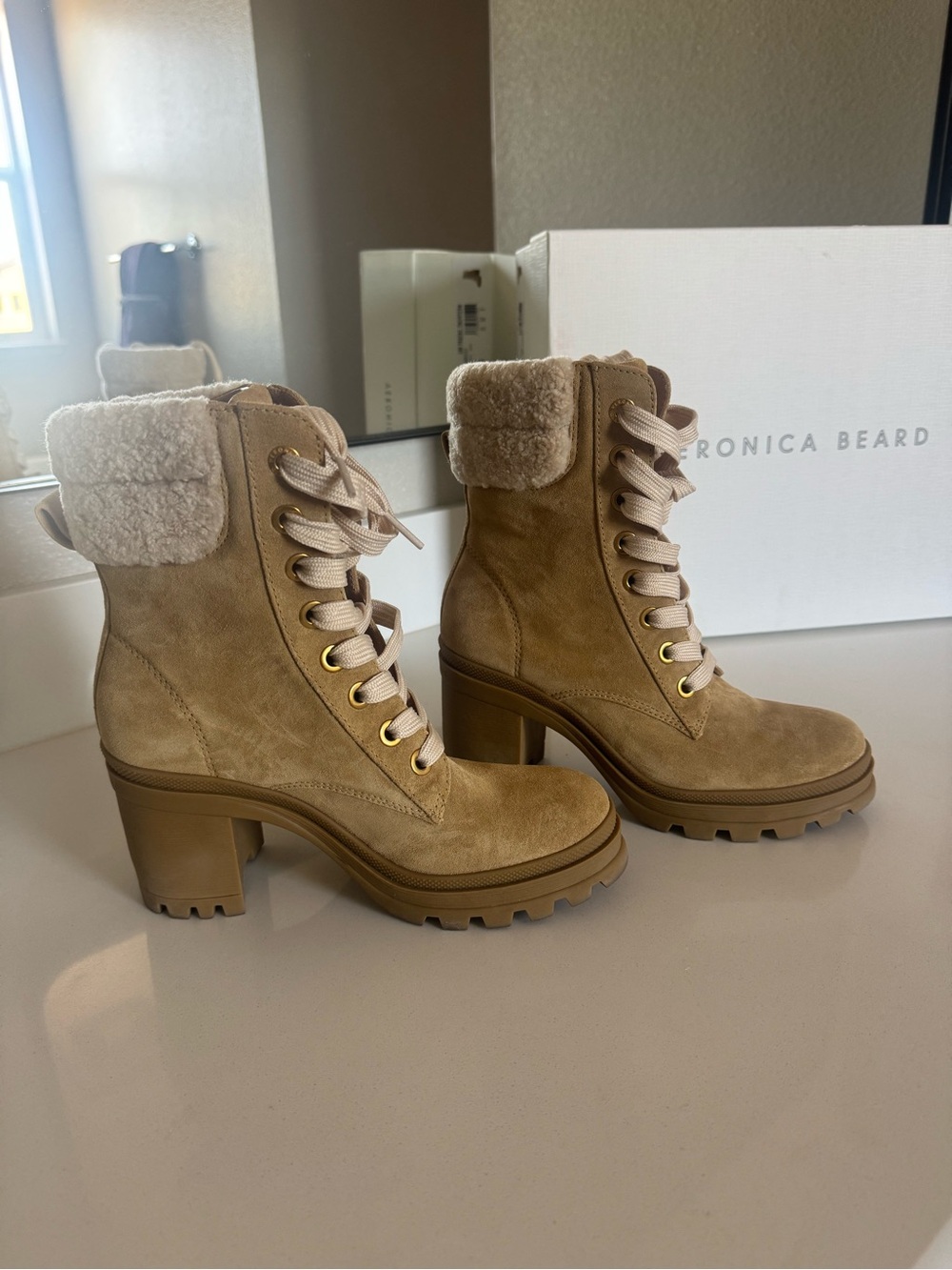 Veronica Beard Tan Suede Lace-Up Shearling Trim Block Heel Boots